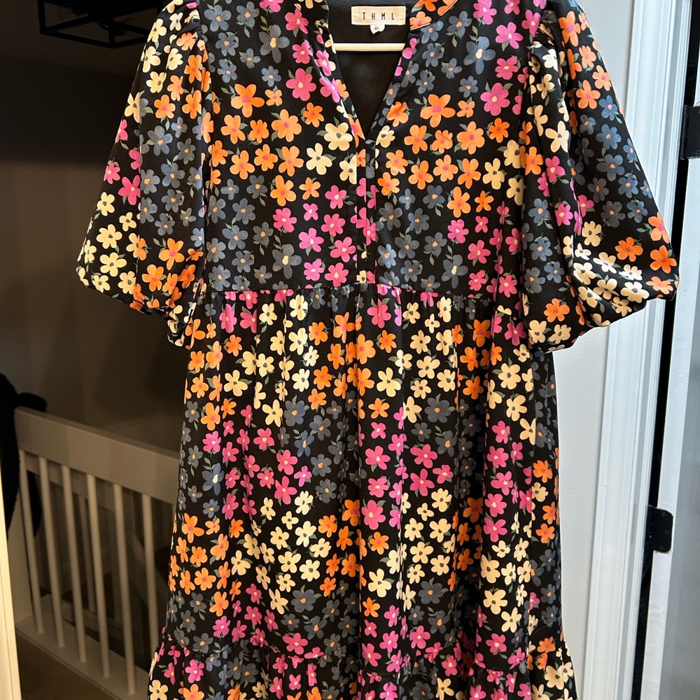THML Black Dress with Pink and Orange Floral Pattern